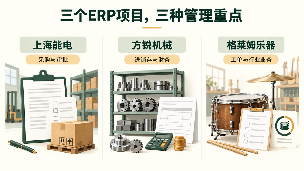 ERP定制案例比较：上海能电采购审批、方锐机械进销存财务与格莱姆乐器工单行业业务