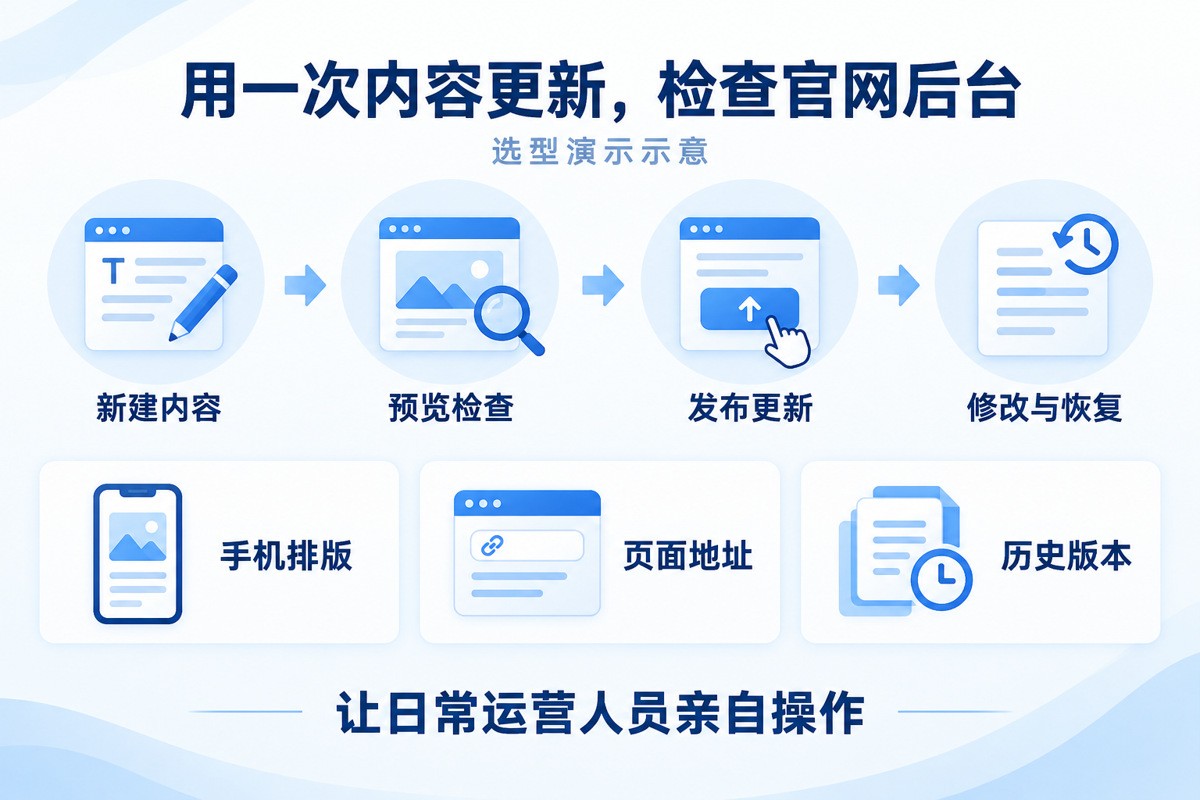 企业官网后台从新建内容、预览检查、发布更新到修改恢复的选型演示流程