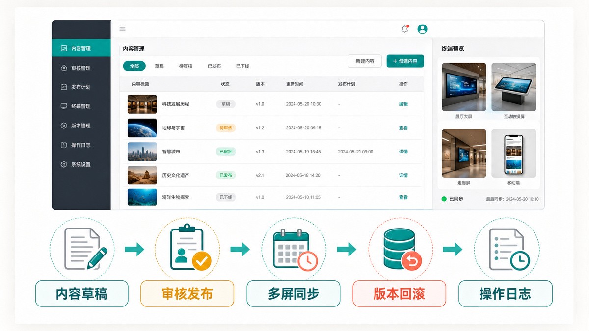 数字展厅内容后台与多端发布关系示意