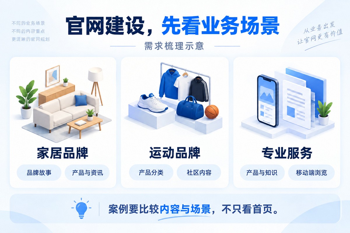 企业官网建设按家居品牌、运动品牌和专业服务比较内容场景示意