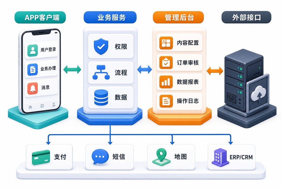 APP客户端业务服务管理后台和外部接口四层架构