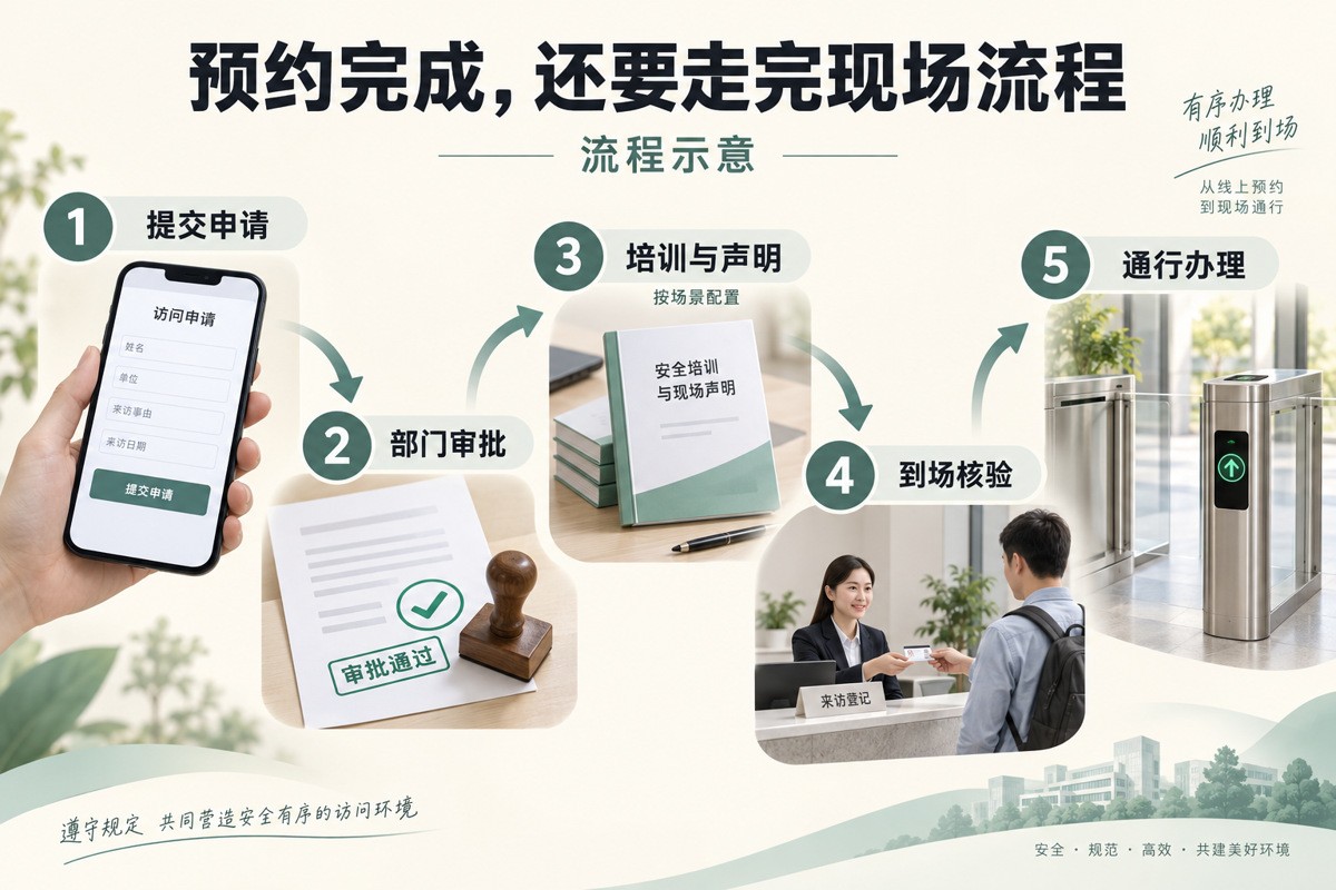 访客预约系统从提交申请、部门审批到培训声明、到场核验和通行办理的流程示意