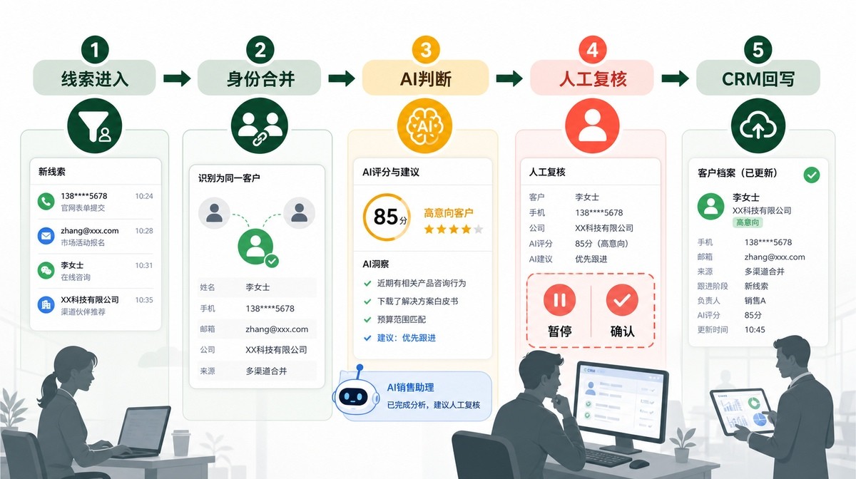 AI销售助理从线索进入到CRM回写的完整业务流程