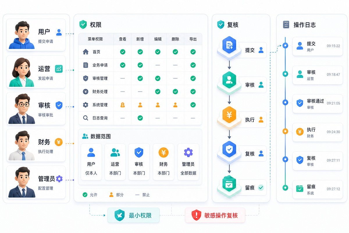 APP管理后台角色权限数据范围复核与操作日志