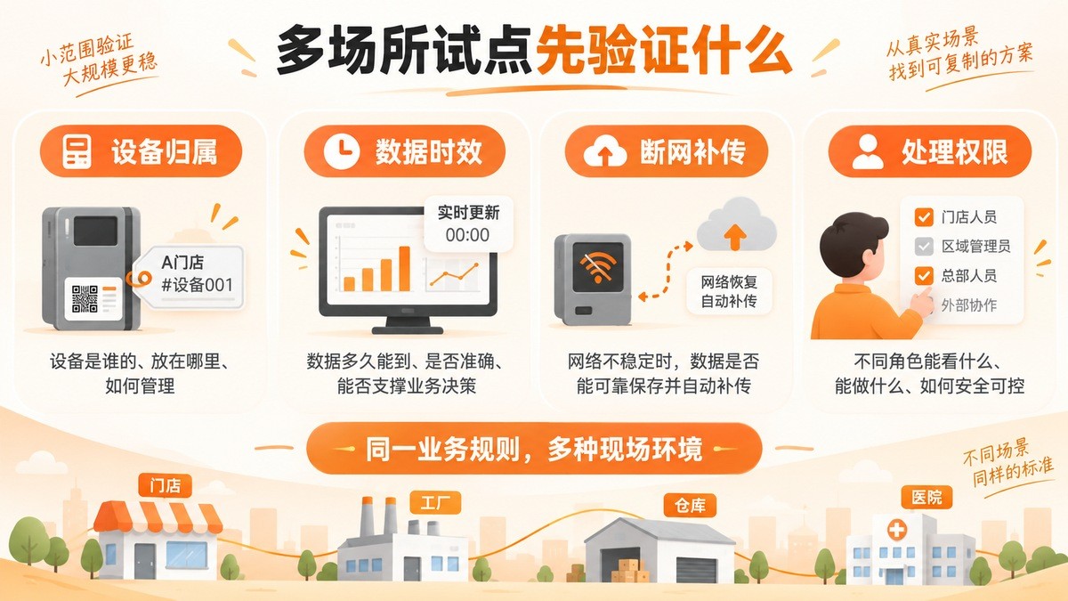 多场所物联网试点核验设备归属、数据时效、断网补传和处理权限