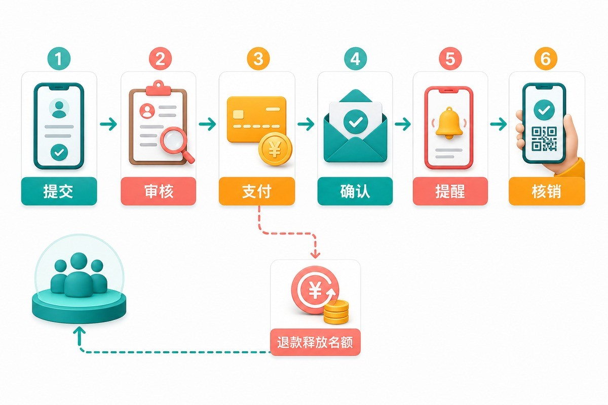预约报名小程序提交审核支付确认提醒核销与退款释放名额流程