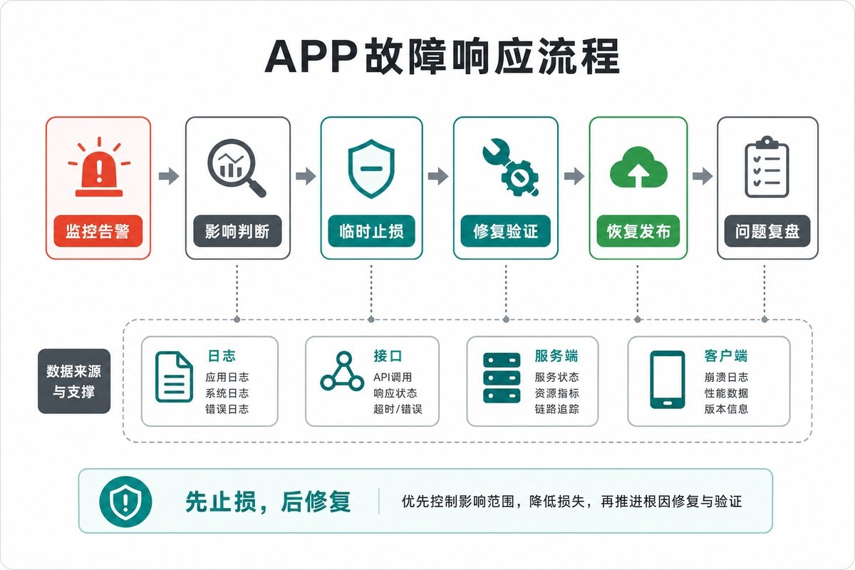 APP从监控告警到影响判断临时止损修复验证恢复发布和问题复盘的故障响应流程