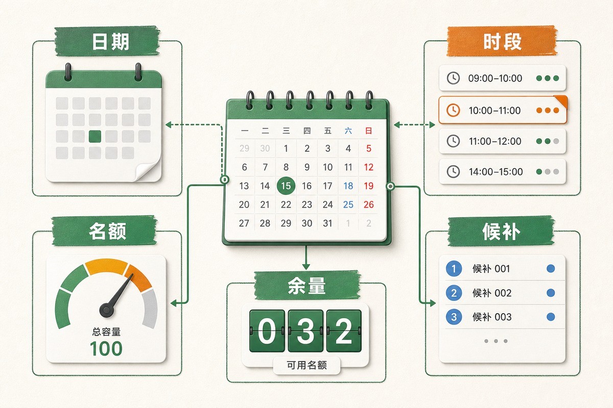 预约报名小程序日期时段名额余量与候补关系