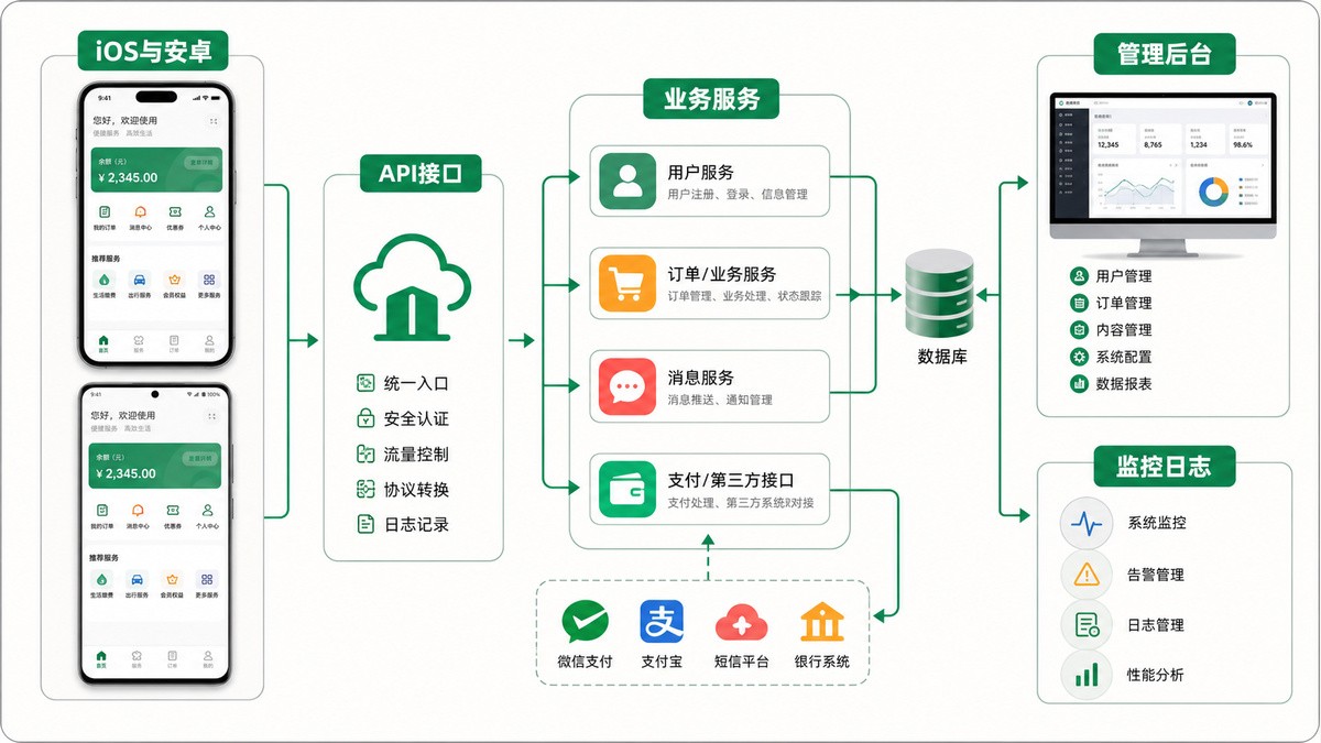 企业APP前端后台接口和数据架构示意