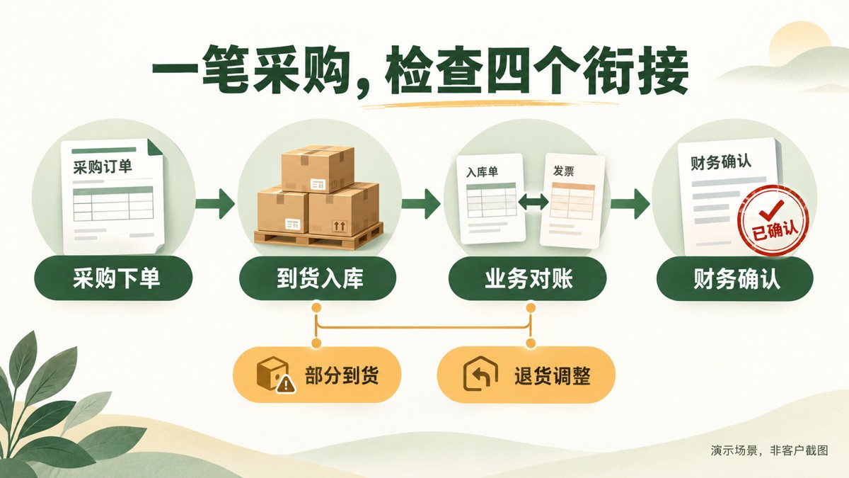 ERP采购业务演示：采购下单、到货入库、业务对账、财务确认及部分到货与退货调整