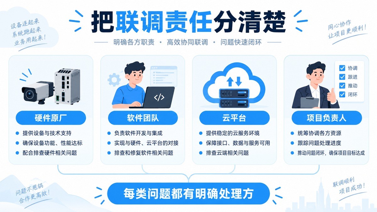 智能硬件联调由硬件原厂、软件团队、云平台和项目负责人分别承担责任
