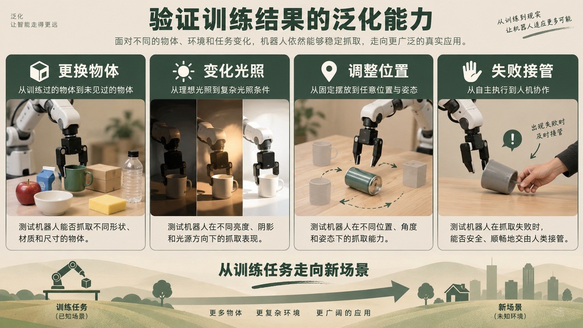 具身智能训练结果在物体、光照、位置变化和失败接管条件下进行验证