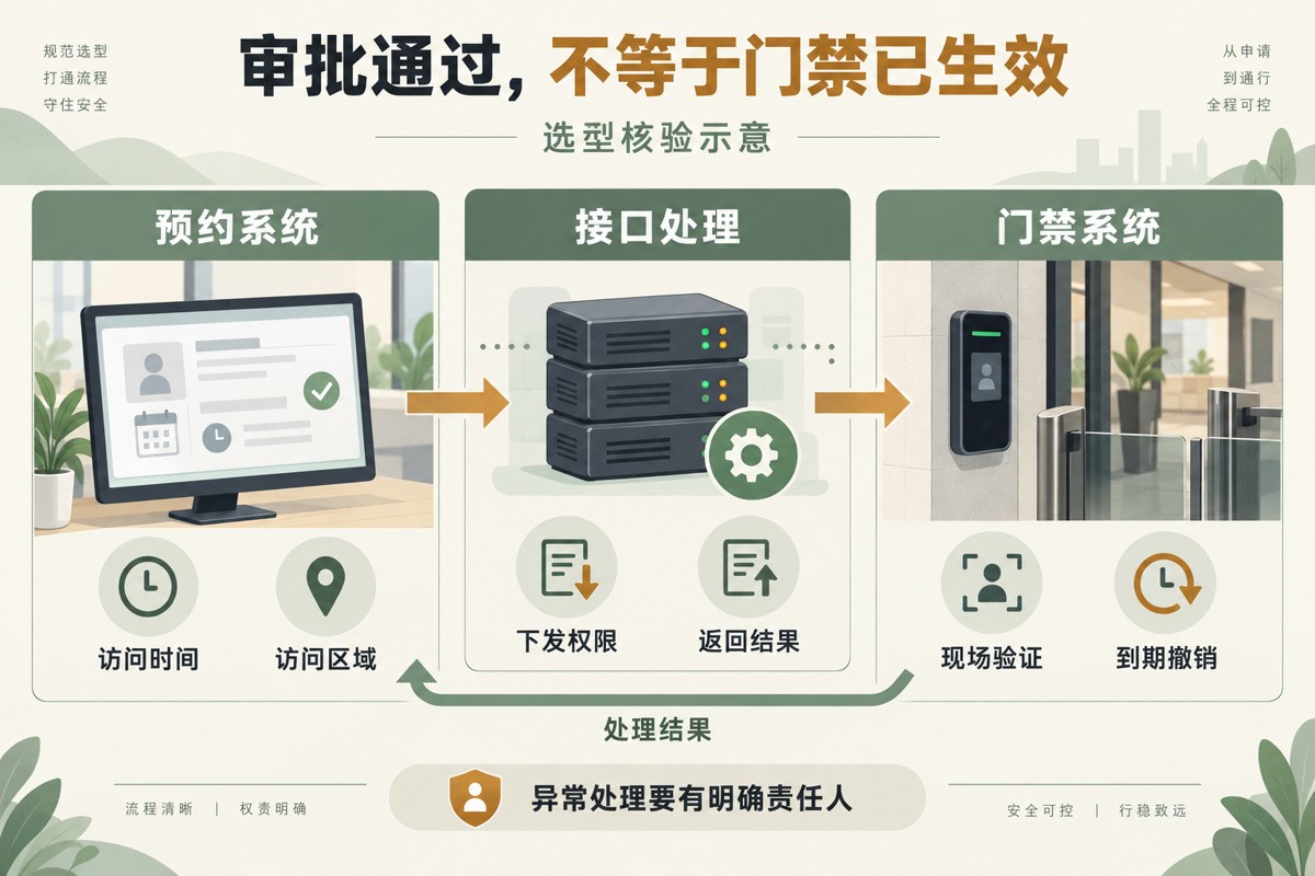 访客预约系统、接口处理和门禁系统之间的权限下发与处理结果核验示意