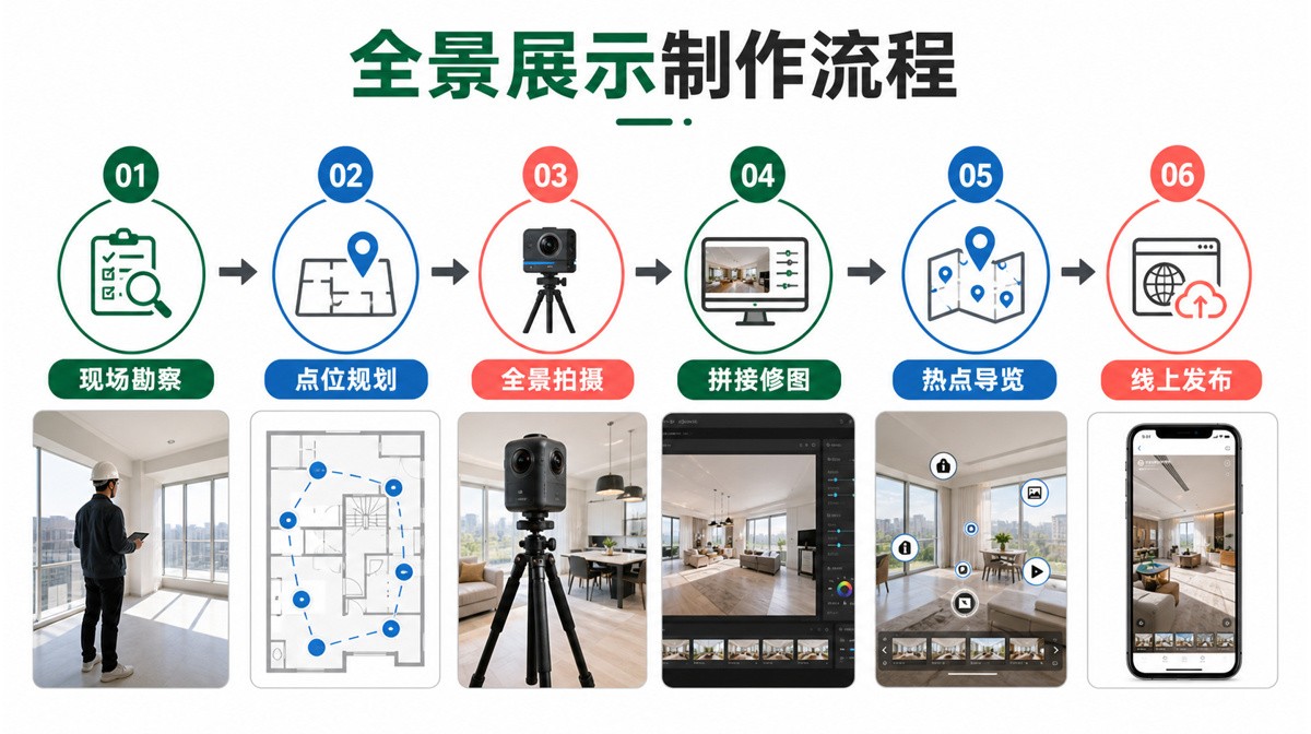 全景展示从现场勘察拍摄拼接到线上发布的制作流程