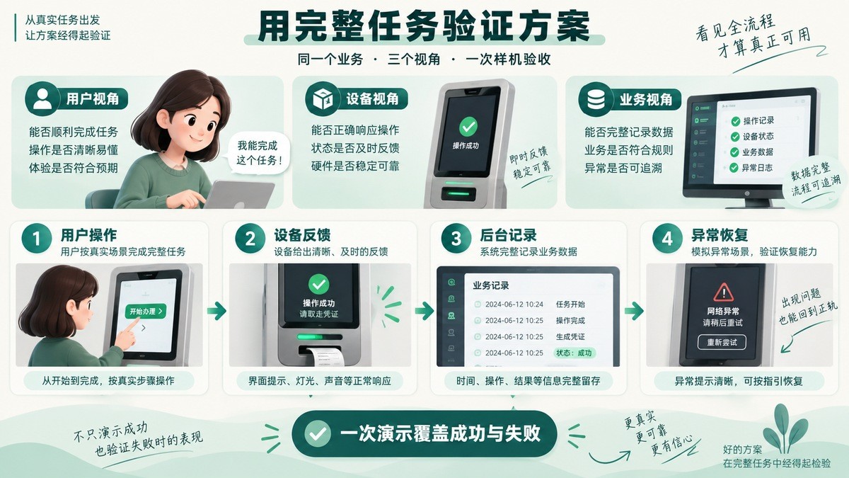 智能设备方案演示同时验证用户操作、设备反馈、后台记录和异常恢复